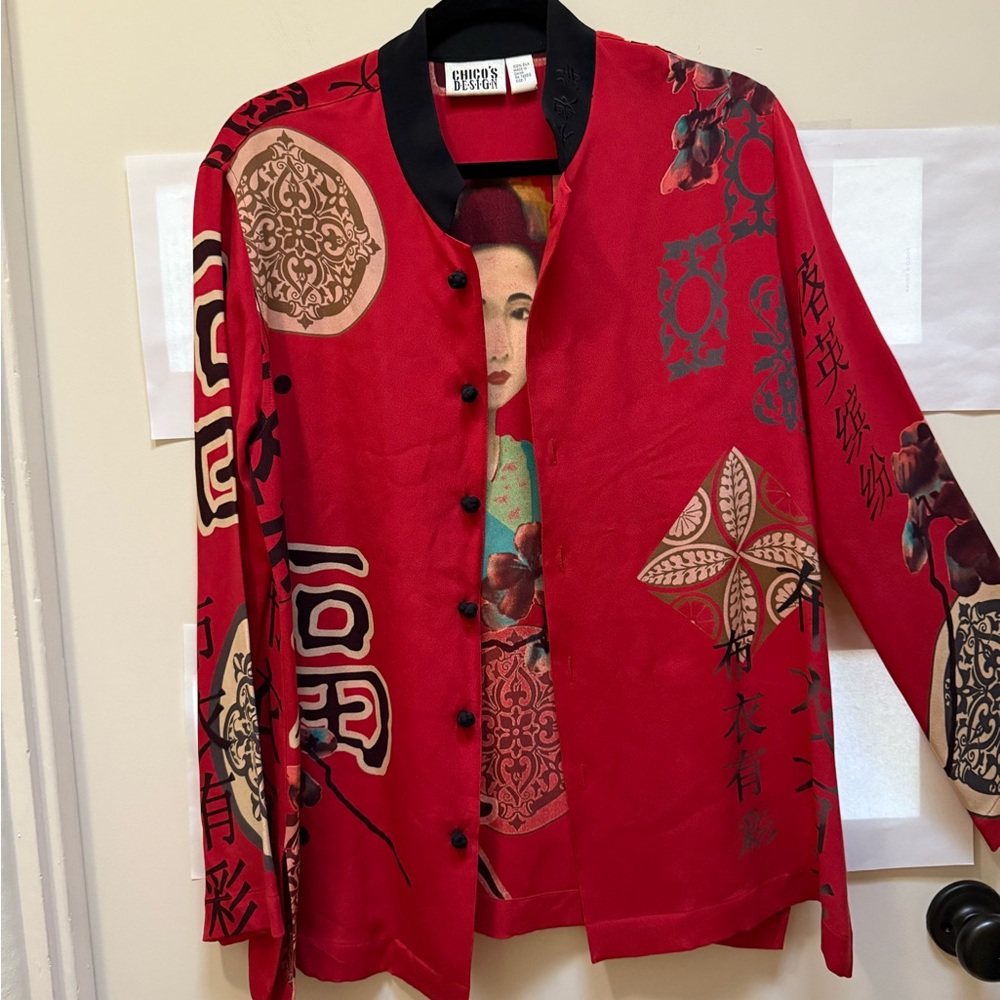 Chicos Red Silk Asian-Inspired Button-Up Jacket Size 1 (S-M).
